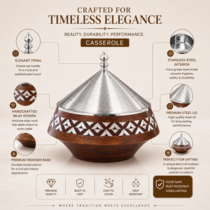 Casserole de luxe artisanale en bois et acier inoxydable isolée avec incrustation décorative, pot de service alimentaire isotherme, ustensile de cuisine haut de gamme - Product Image 5