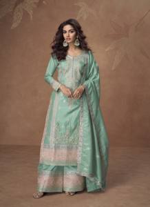 Traje Palazzo Midi Moderno Chinon Listo para Usar con Bordado de Lentejuelas para Fiestas, Bodas, Diwali y Bailes de Graduación - Product Image 3