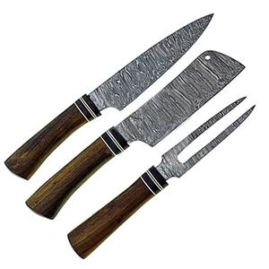 Ensemble de couteaux de chef vintage écologiques en acier Damas, 3 pièces, manches en bois Pakka pour la découpe en cuisine - Product Image 1