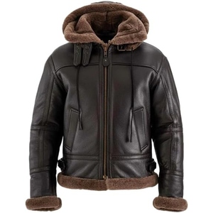 Custom Men's B3 <b>Shearling</b> Sheepskin Leather Eco-Friendly Windproof Cozy Sherpa Fur Lined Hooded Winter <b>Bomber</b> Flight <b>Jacket</b> - Product Image 1