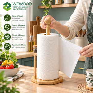 Wooden Paper <b>Towel</b> <b>Holder</b> with Stable Base – Natural Wood <b>Kitchen</b> Roll Dispenser - Product Image 1