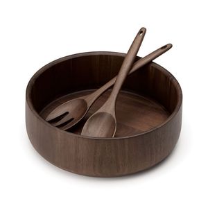 2026 Modern Dark Wood Serving <b>Bowl</b> with <b>Salad</b> <b>Servers</b> Polished Round Kitchen Set - Product Image 1