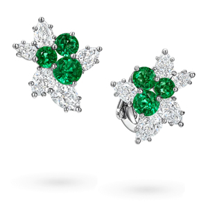 Flower Shape <b>Stud</b> <b>Earrings</b> With Marquise Cut Diamonds And Emeralds In 925 Silver For Women Luxury Everyday Wear - Product Image 2