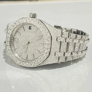 Montre analogique de luxe entièrement sertie de diamants Moissanite VVS, mouvement à quartz, bracelet en acier inoxydable, style Hip Hop, verre écologique - Product Image 4
