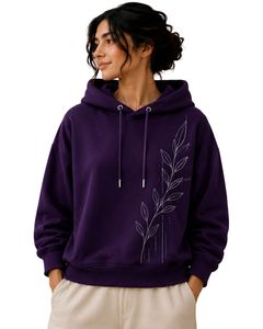 Sudadera con capucha morada extragrande para mujer, con estampado gráfico de hojas personalizado, de algodón y felpa, estilo casual urbano con hombros caídos - Product Image 1