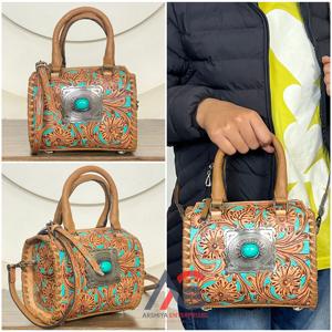 Bolso de Mano Pequeño de Cuero Repujado Estilo Western, Bolso Tipo Barril de Piel Vacuna Genuina, Bolsos de Viaje y de Mano para Mujer, para Uso Diario - Product Image 1