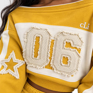 Hot Selling Distressed Fabric Applique Women's Off Shoulder Crop Hoodies <b>Wide</b> <b>Leg</b> <b>Joggers</b> Heavy GSM Fleece Varsity Tracksuit Y2K - Product Image 2