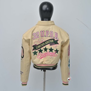Beige Fish Leather Puffer <b>Jacket</b> Pink Printed K Logo Full Sleeve Turn-<b>down</b> Collar Zipper Closure Short Length Breathable - Product Image 3