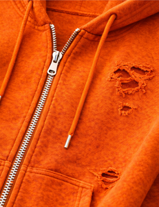 Sweat à capuche zippé pour homme, orange, effet vieilli, coupe oversize, style vintage, déchiré, en polaire, streetwear, avec poches - Product Image 6