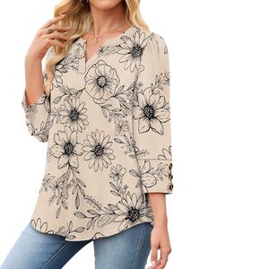 Custom Beige Botanical Leaf Women Chiffon <b>Top</b> Fine Quality Lightweight <b>Flowy</b> Woven Three Quarter Sleeve Split V Neck T Shirts - Product Image 3