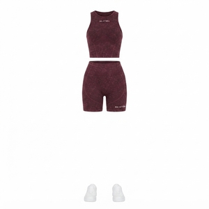 Women Burgundy Acid Wash Yoga Set Sleeveless <b>Crop</b> Tank <b>Top</b> High Waist Biker <b>Shorts</b> Gym Fitness Workout Activewear - Product Image 1