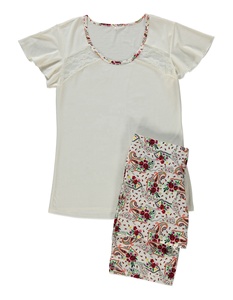 Conjunto de Pijama de Jersey para Mujer, Estampado Floral, Cintura Elástica, Largo, 100% Algodón, Suave, para Primavera y Verano - Product Image 1