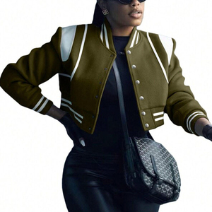 Women's Casual Leather <b>Varsity</b> <b>Jacket</b> Standing Collar Knitted <b>Plain</b> Dyed Breathable Windproof Winter Custom Logo High Quality - Product Image 1
