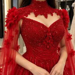 <b>Red</b> Modern Ball Gown Women's Evening Dress Premium Sequined Beaded Embellished <b>Corset</b> Bodice Floral Applique High Neck Chapel - Product Image 3