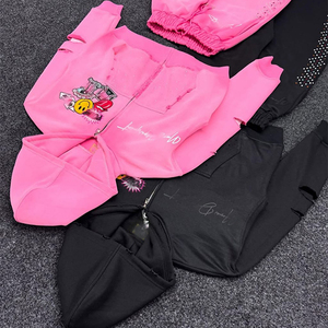 Ensemble de survêtement rose pour homme, style streetwear, sweat à capuche zippé et pantalon orné de strass, coupe décontractée, idéal pour l'automne - Product Image 6