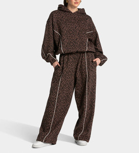 Custom Espresso Brown Leopard Print Oversized Contrast Pipping Women <b>Tracksuit</b> Set Contrast Lining Hoodie & Jogger For Women's - Product Image 1