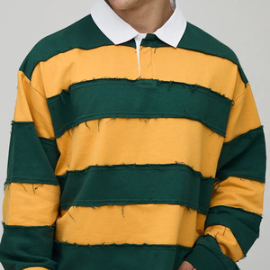 Customized Plus Size <b>Men's</b> <b>Long</b> <b>Sleeve</b> Knitted <b>Polo</b> <b>Shirt</b> Color Block Striped Distressed Patched Casual Green Yellow Rugby <b>Shirt</b> - Product Image 1