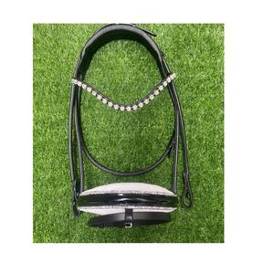 NIDA Equine - Brida de cuero enrollado de alta calidad para caballo con cristales, ceñidor y frontal con acolchado blanco, equipo para caballo COB-FULL - Product Image 1