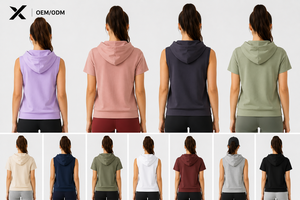 เสื้อฮู้ดแขนสั้นผู้หญิง สีชมพู ผ้าฝ้าย/โพลีเอสเตอร์ ฟลีซ ระบายอากาศได้ดี เสื้อผ้าลำลองสำหรับเล่นกีฬา โลโก้ X รับผลิตแบบ OEM/ODM - Product Image 2