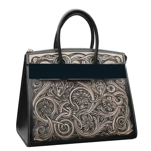 Premium Cowhide Fashion Handmade Leather Carved Luxury Designer Tote Bag Sac a Main Femm Vintage Original Women Handbags Ladies