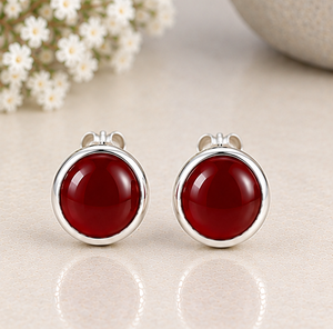 Red <b>Onyx</b> Silver Stud <b>Earrings</b>, Red <b>Onyx</b> Gemstone <b>Earrings</b>, 925 Sterling Silver Round Studs, Deep Red Stone <b>Earrings</b>, Minimalist - Product Image 2