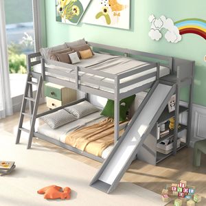 Lit superposé double avec échelle, glissière et étagères - Lit pour enfants gris - Product Image 3