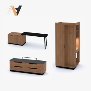 Ensemble de meubles de chambre standard avec lit et bureau pratiques, fonction de rangement, surface MDF/HPL/LPL pour usage contractuel, usine du Vietnam - Product Image 1