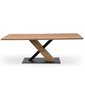 Table à manger rectangulaire en bois d'acacia massif industriel avec base en métal et bois en forme de X, finition noire et naturelle, pour la maison et la cuisine - Product Image 2