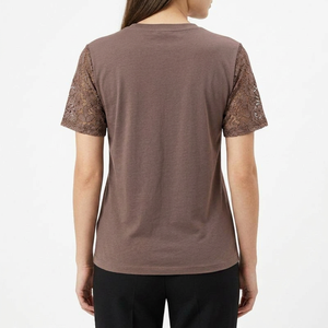 Camiseta de Mujer con Costuras Resistentes, Cuello Redondo, Manga Corta con Encaje, Color Sólido, Transpirable, Informal, para Primavera/Verano - Product Image 2