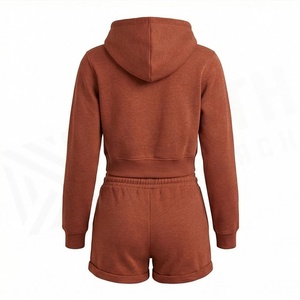 Conjunto de Sudadera con Capucha de 2 Piezas para Mujer, Top Corto de Forro Polar de Color Sólido y Pantalones Cortos por Encima de la Rodilla, Ropa Casual para Todas las Temporadas - Product Image 2