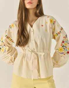 Blusa Vintage para Mujer, Sin Tejido, Bordada con Flores, Manga Larga, Botones al Frente, Cintura con Cordón Ajustable, Top ODM - Product Image 6