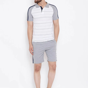 Men's Striped <b>Polo</b> T-Shirt Set Gray <b>White</b> Breathable Knitted Casual Summer Sportswear Shorts Set - Product Image 1