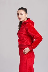 <b>Women</b> Red <b>Velour</b> <b>Tracksuit</b> Full Length Hooded Zipper <b>Tracksuit</b> With Side Pockets Loose Fit Casual Solid Color Autumn Wear - Product Image 4