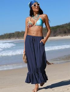 Womens <b>Linen</b> Wide Leg <b>Pants</b> Casual <b>Cropped</b> Ruffle with Ties Palazzo Flowy Drawstring Loose Cute <b>Pants</b> with Pockets - Product Image 2