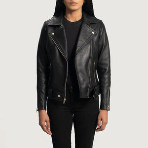 Chaqueta de cuero sintético negra para mujer, estilo motero clásico, corte ajustado, con cierre de cremallera y cuello alto acolchado, a la moda. - Product Image 1