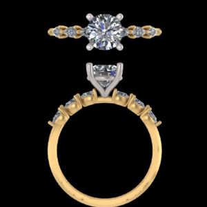 แหวนหมั้นเพชรทรงกลมประดับเพชรทรงลูกแพร์ด้านข้าง ทองคำขาว 18k แหวนแต่งงานแบบโซลิแทร์สองสี เครื่องประดับเจ้าสาว - Product Image 2