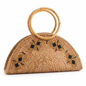 Sac à main demi-lune en jute personnalisable et écologique avec poignées en bambou, motif géométrique noir et or perlé pour femme - Vente en gros - Product Image 1