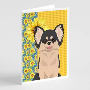 Tournesols d'été Chihuahua Cartes de vœux Poils longs Noir Blanc Pack 8 Lunatique A7 Taille 5x7 Cartes de note vierges avec enveloppes - Product Image 1