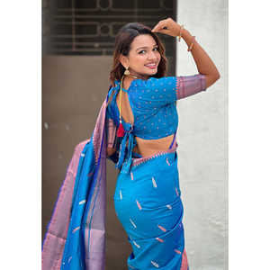 Sari Tradicional Paithani de Seda Azul con Doble Zari Tejido, Ropa India y Pakistaní, Tejidos de Élite, 650g - Product Image 3