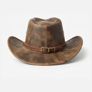 Chapeau Fedora en cuir de vache fait main de qualité supérieure avec une bande tressée, chapeau de cowboy en cuir véritable noir avec un décoratif - Product Image 1
