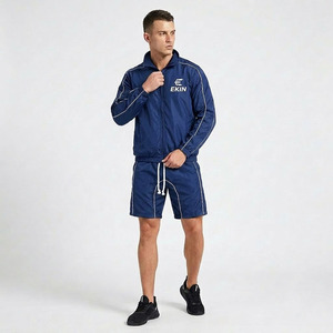 Wholesale Custom Logo <b>Mens</b> Navy Blue 2 Piece Tracksuit Set Lightweight Nylon Windbreaker <b>Jacket</b> And Shorts Piping Design - Product Image 3