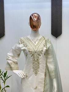 TENNECY Exclusivo para Eid y Diwali, Conjunto de 3 Piezas de Seda Romana, Pantalones Plazzo, Dupatta, Bordado con Lentejuelas, Sin Arrugas, Elástico, para Fiesta - Product Image 3