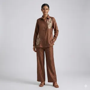 Ensemble chemise brodée marron et pantalon large pour femme, haut à col et manches longues, motif floral, élégant, décontracté, tenue de bureau, deux pièces - Product Image 5