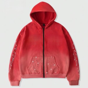 Mens oversized rhinestone Acid Washed Hoodies <b>Zip</b> Up hoodie streetwear gym wear casual fashion heavy weight pullover hoodie - Product Image 1