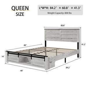 Letto matrimoniale Queen in legno con piattaforma, stazione di ricarica LED, testiera imbottita con contenitore, letti sollevabili in PE resistenti ed eleganti - Product Image 4