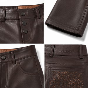 Pantalones Casuales de Mujer, Diseño Personalizado OEM, Tela de PU Elástica, Cintura Alta, Cierre de Cremallera, Pierna Recta, Largos, Color Marrón Espresso - Product Image 4