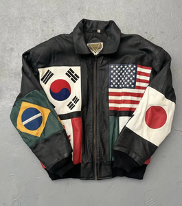 Vintage Multi Flag Leather Bomber Jacket 90s Hip Hop Streetwear Oversized Black Leather Bomber <b>Coat</b> OEM Style - Product Image 2