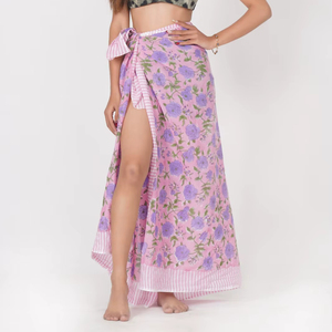 Pareo en coton à imprimé botanique - Jupe longue à enrouler avec bordure rayée - Product Image 1