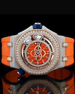 Reloj de Lujo para Hombre con Diamantes, Caja de Oro Rosa, Correa de Silicona Naranja, Movimiento Mecánico Analógico, 43 mm, Estilo Completamente Cubierto de Diamantes - Product Image 1