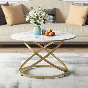 Elegant Design Modern Eco-Friendly <b>White</b> Gold Faux Marble Top Coffee <b>Table</b> Geometric Gold Metal Base Home Furniture - Product Image 3
